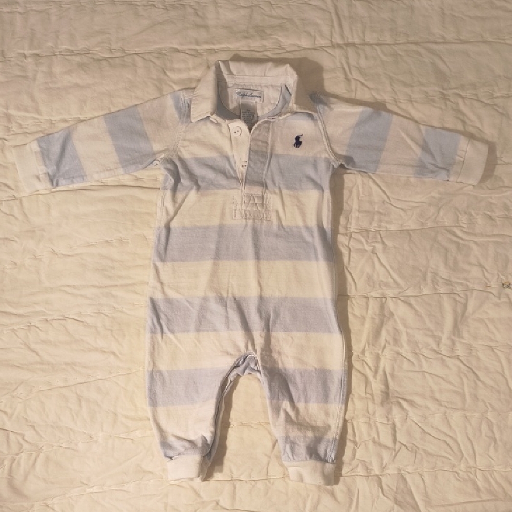 Ralph Lauren Baby Blue and White Striped Footie